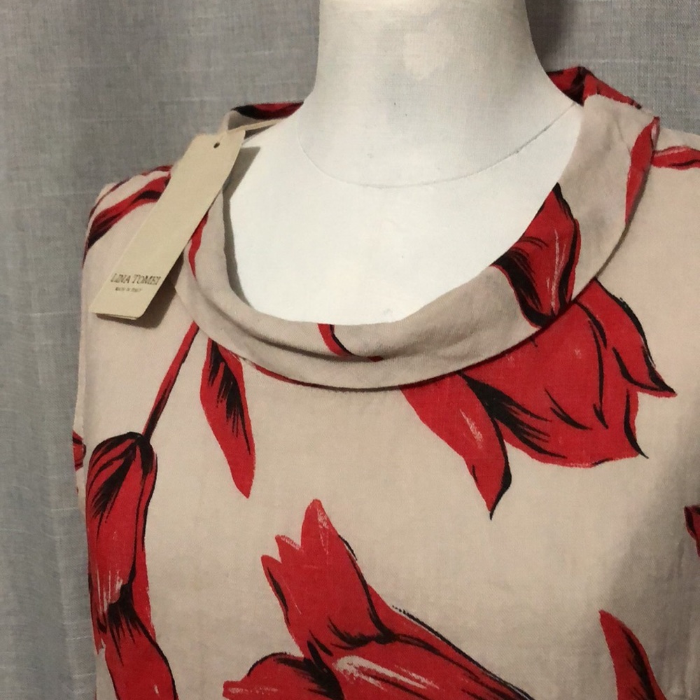 NWT Lina Tomei Linen Dress-Sz M-Beige and Red Floral Print-Wider Folded Collar - Picture 5 of 16